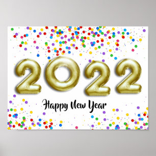 Poster Gold Nouvel An 2022 Ballons Confetti coloré