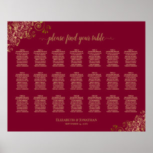 Poster Gold on Burgundy 21 Table Wedding Seating Chart