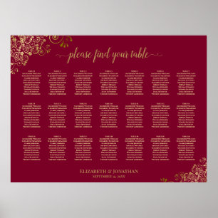 Poster Gold on Burgundy 21 Table Wedding Seating Chart