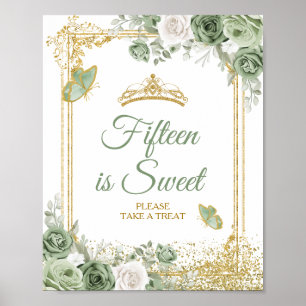 Poster Gold Quinceañera Sage Green Crown 15e est doux