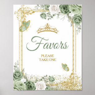 Poster Gold Quinceañera Sage Green Crown Butterfly Faveur