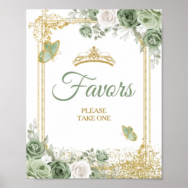 Poster Gold Quinceañera Sage Green Crown Butterfly Faveur (Devant)