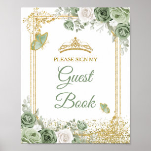 Poster Gold Quinceañera Sage Green Crown Livre d'invité