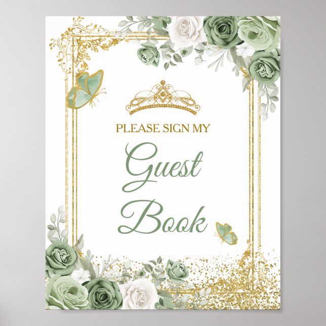 Poster Gold Quinceañera Sage Green Crown Livre d'invité (Devant)