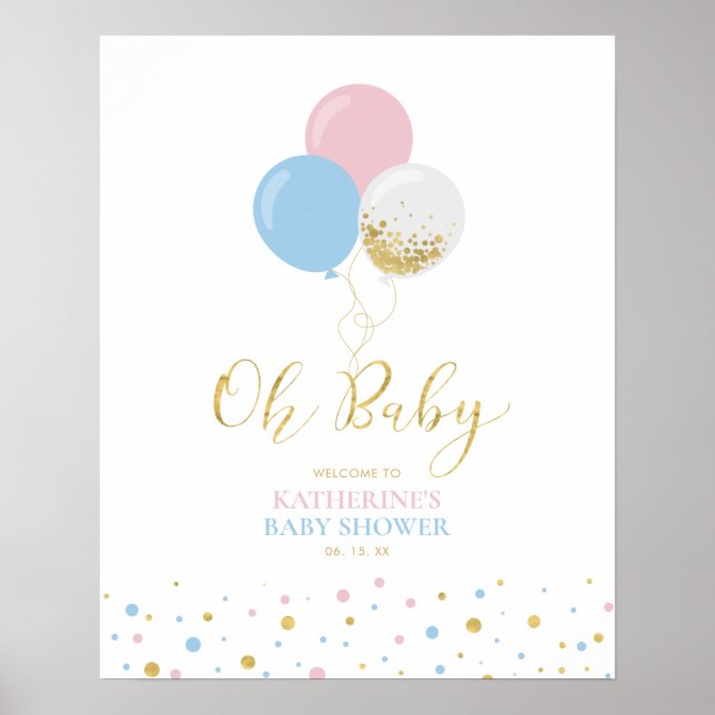 Poster Gold Rose Bleu Baby shower de révélation de genre  (Devant)