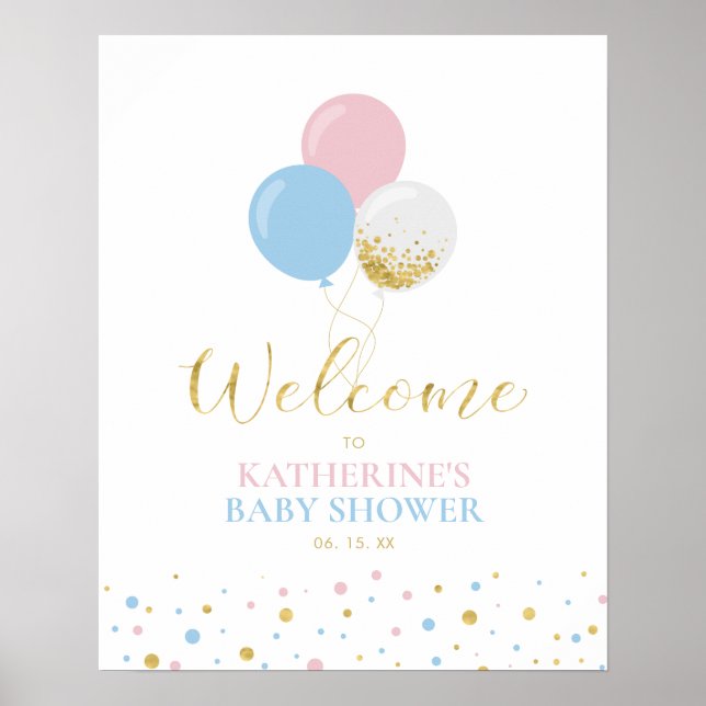 Poster Gold Rose Bleu Baby shower de révélation de genre  (Devant)