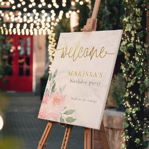 Poster Gold Script peint Floral fête d'anniversaire Bienv