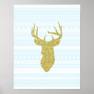 Poster Gold Sky Blue Nursering Decor Deer Tribal Motif