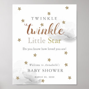 Poster Gold Stars & Grey Clouds Baby shower Bienvenue