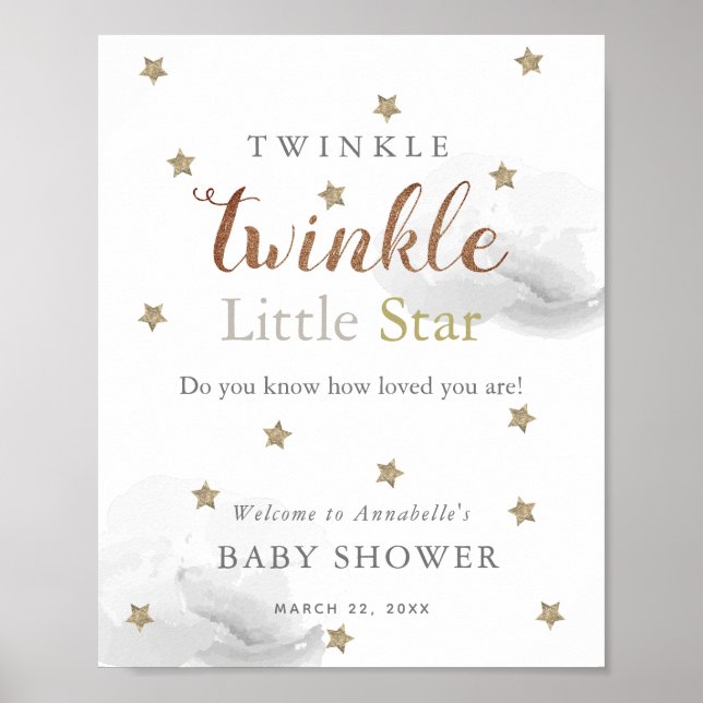 Poster Gold Stars & Grey Clouds Baby shower Bienvenue (Devant)