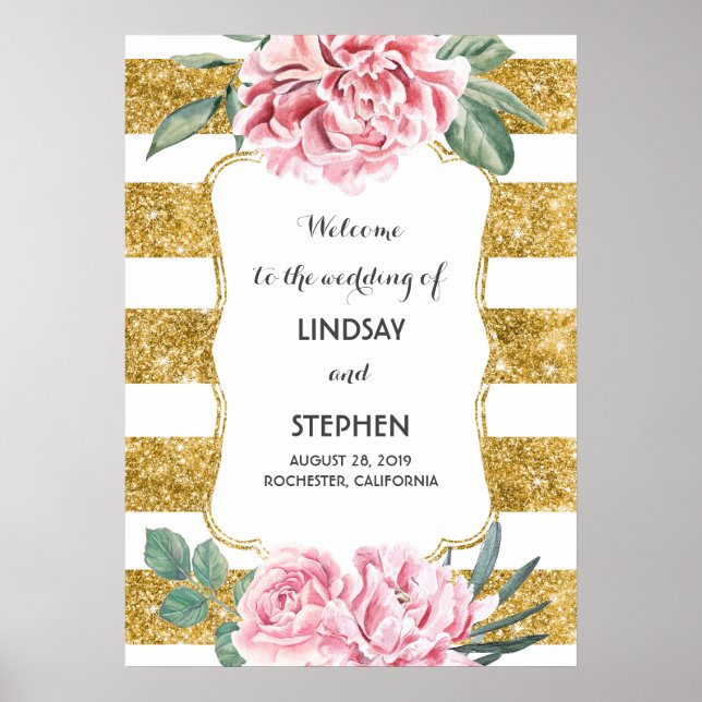 Poster Gold Stripes Floral Rose Blanc Mariage Bienvenue (Devant)