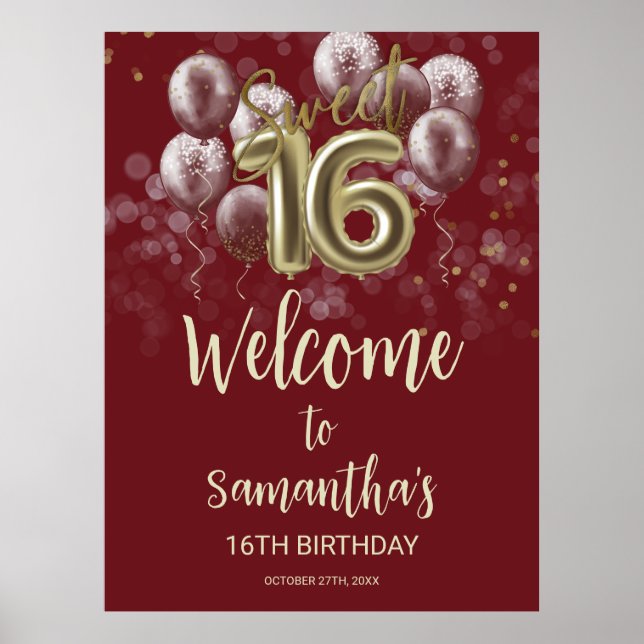 Poster Gold Sweet 16 Ballons Anniversaires Bourgogne Affi (Devant)