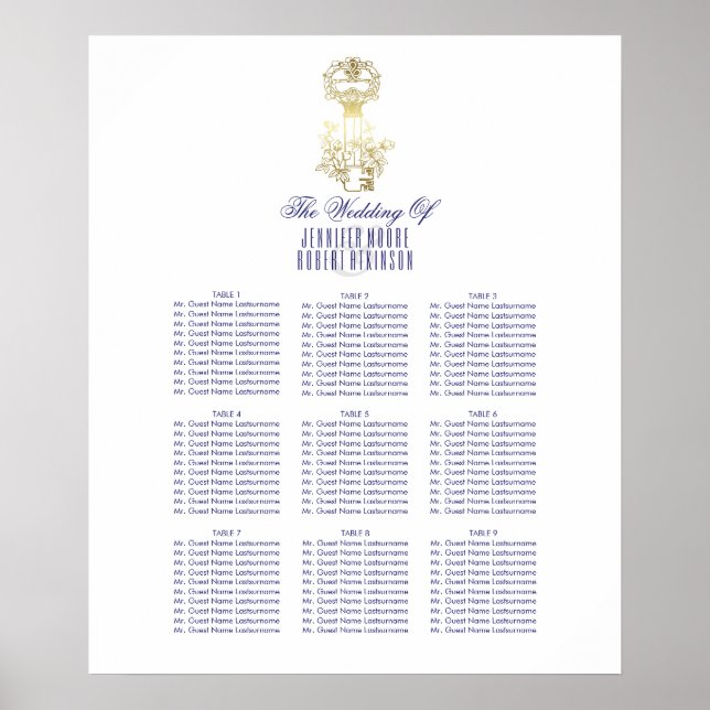 Poster Gold Vintage Skeleton Key Mariage Seing Chart (Devant)