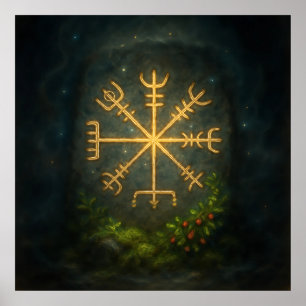 Poster Golden AEgishjálmur - Norse Protection Sigil en En