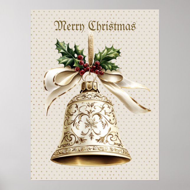 Poster Golden Christmas Bell Shiny Stars Green Feuilles (Devant)