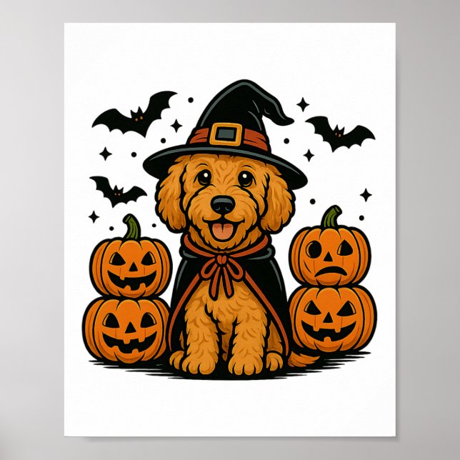 Poster Golden Doodle Halloween sorcière chauves-souris Ci (Devant)