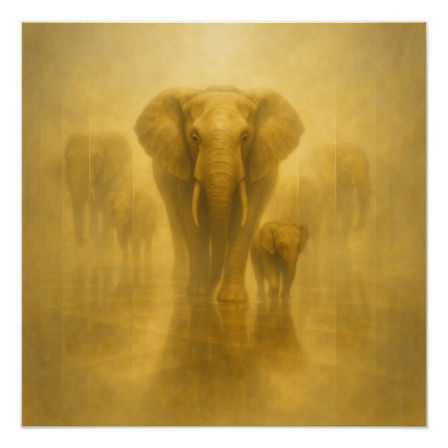 Poster Golden Elephant and Calf in a Misty Mirror Realm – (Devant)
