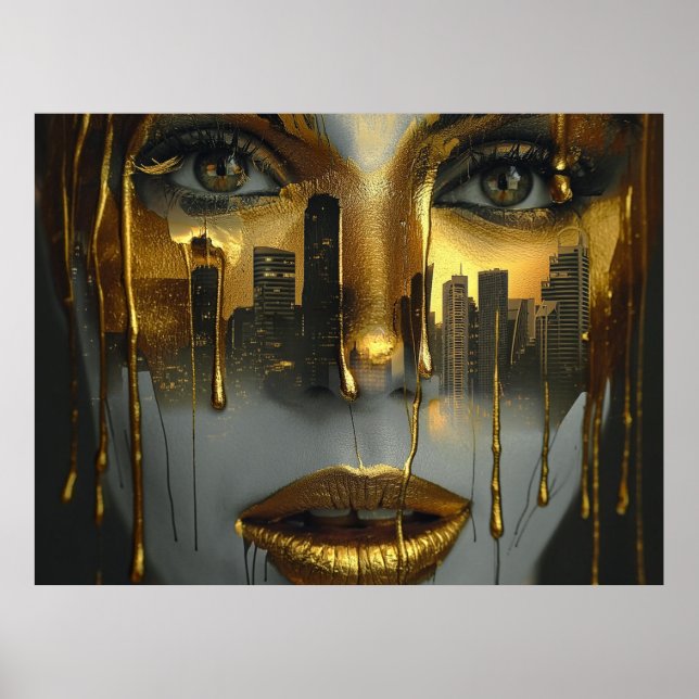 Poster Golden Face Surrealist City Urban Digital Art (Devant)