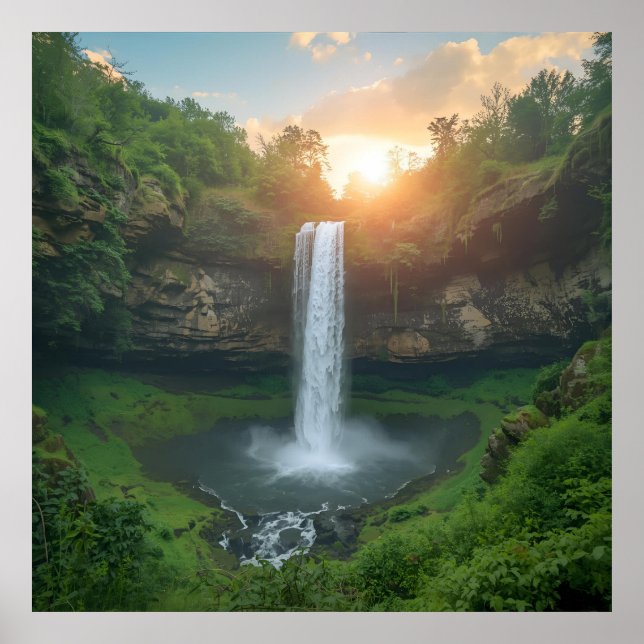 Poster Golden Falls at Dusk - Tranquille Nature Wall Art (Devant)
