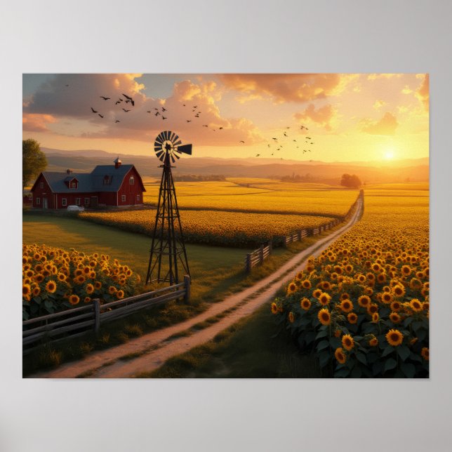 Poster Golden Fields: Sunflowers and Serenity at Sunset (Devant)