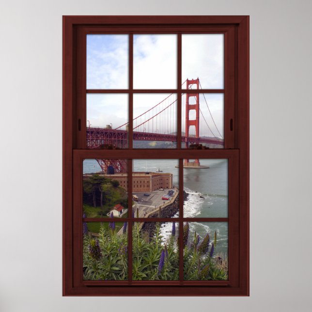 Poster Golden Gate Bridge Faux Cherry Wood Window (Devant)