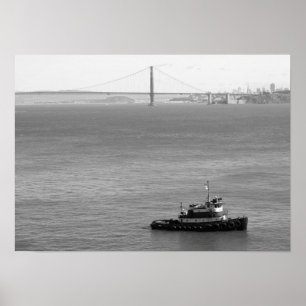 Poster Golden Gate Bridge, Tug Boat, noir et blanc