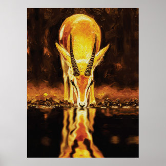 Poster Golden Gazelle Drinking Water – Textured Oil Paint