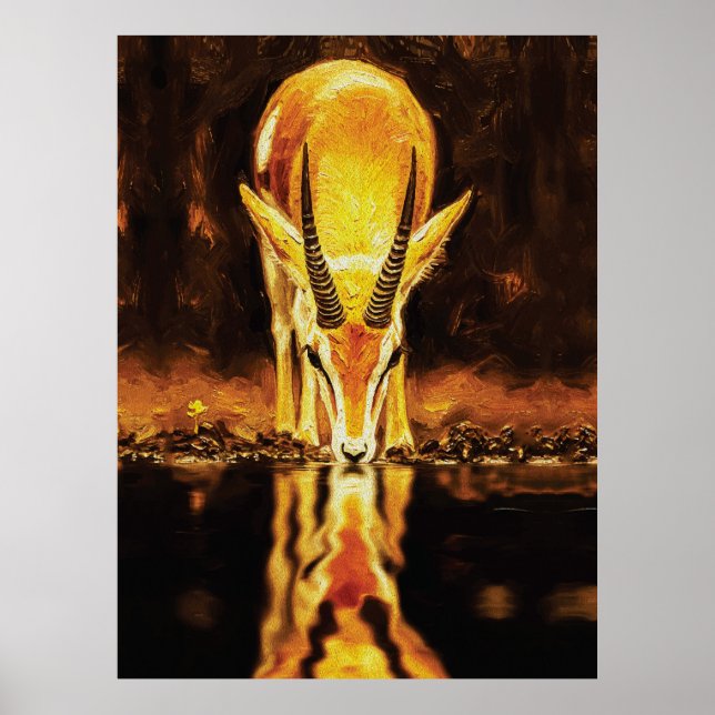 Poster Golden Gazelle Drinking Water – Textured Oil Paint (Devant)
