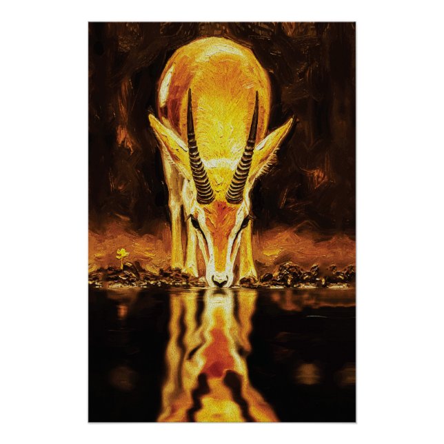 Poster Golden Gazelle Drinking Water – Textured Oil Paint (Devant)
