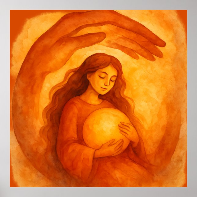 Poster Golden Girl Holding Light Warm Protective Art (Devant)