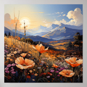 Poster Golden Horizon Fleur sauvage Field et Mountain