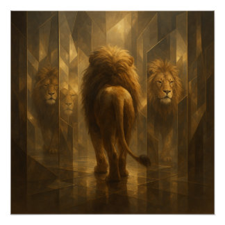 Poster Golden Lion in a Mirror Maze – Majestic GeoWild Ar
