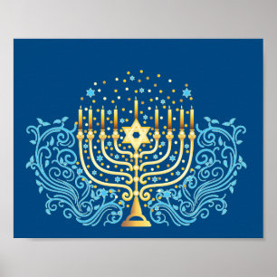 Poster Golden menorah Hanoukka fête de la lumière
