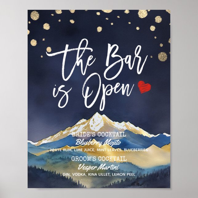 Poster Golden Mountain Mariage The Bar is Open Drink Menu (Devant)