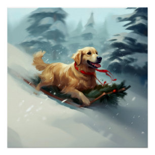 Poster Golden Retriers Noël neige hiver