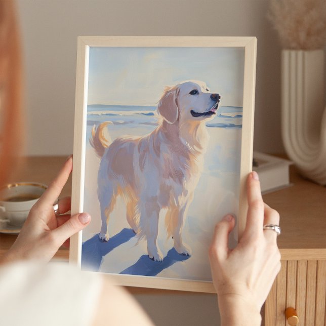 Poster Golden Retriever at the Beach Coastal Art Imprimer (Créateur téléchargé)