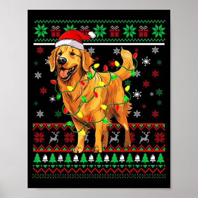 Poster Golden Retriever Christmas Santa Hat Tree Lights P (Devant)
