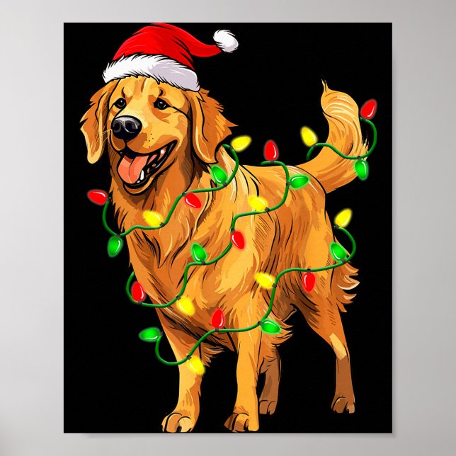 Poster Golden Retriever Christmas Santa Hat Tree Lights P (Devant)