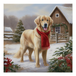 Poster Golden Retriever dans la neige Noël 