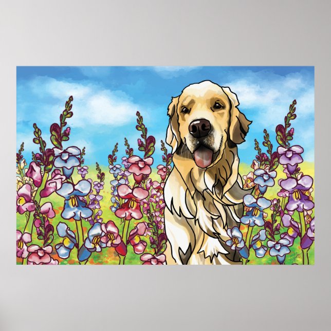 Poster Golden Retriever dans un pré de Snapdragons (Devant)