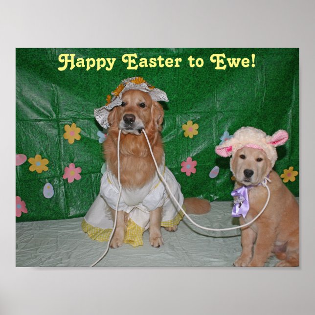 Poster Golden Retriever Girl and Lamb Happy Pâques to Ewe (Devant)