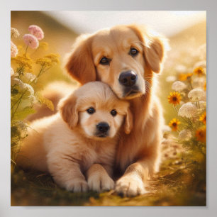 Poster Golden Retriever maman et son chiot