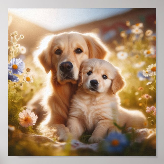 Poster Golden Retriever maman et son chiot (Devant)