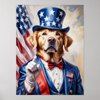 Poster Golden Retriever patriotique en pose d'Oncle Sam