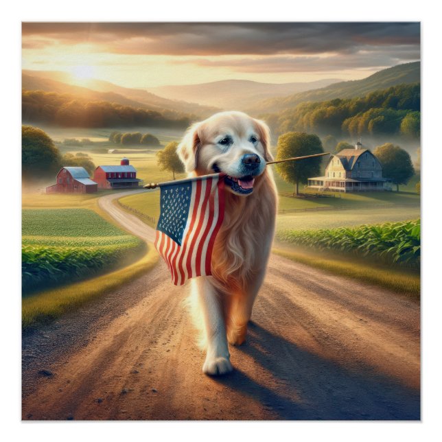 Poster Golden Retriever portant un drapeau américain (Devant)