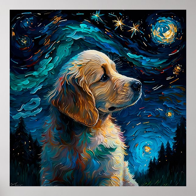 Poster Golden Retriever Puppy Stress Nuit Van Gogh Style (Devant)