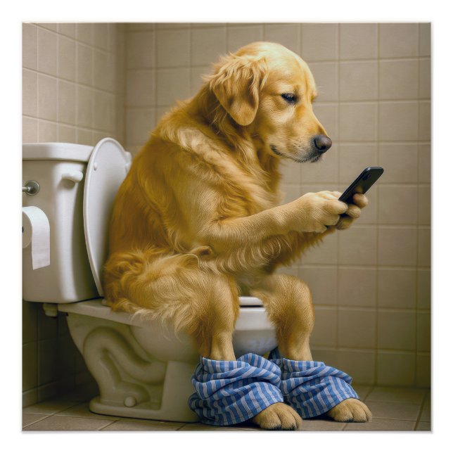 Poster Golden Retriever Sitting On the Toilet Texting (Devant)