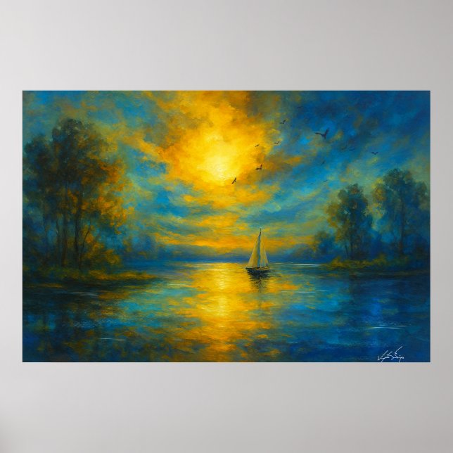 Poster Golden Serenity Sunset Sailboat on Tranquil Lake (Devant)