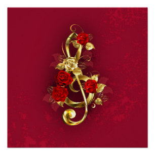 Poster Golden Treble Clef avec fleurs Roses
