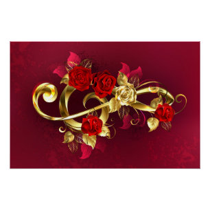 Poster Golden Treble Clef avec fleurs Roses